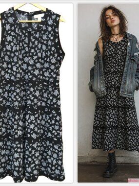 Michael Kors Sleeveless Tiered Dress XL Black White Floral Casual Chic Grunge